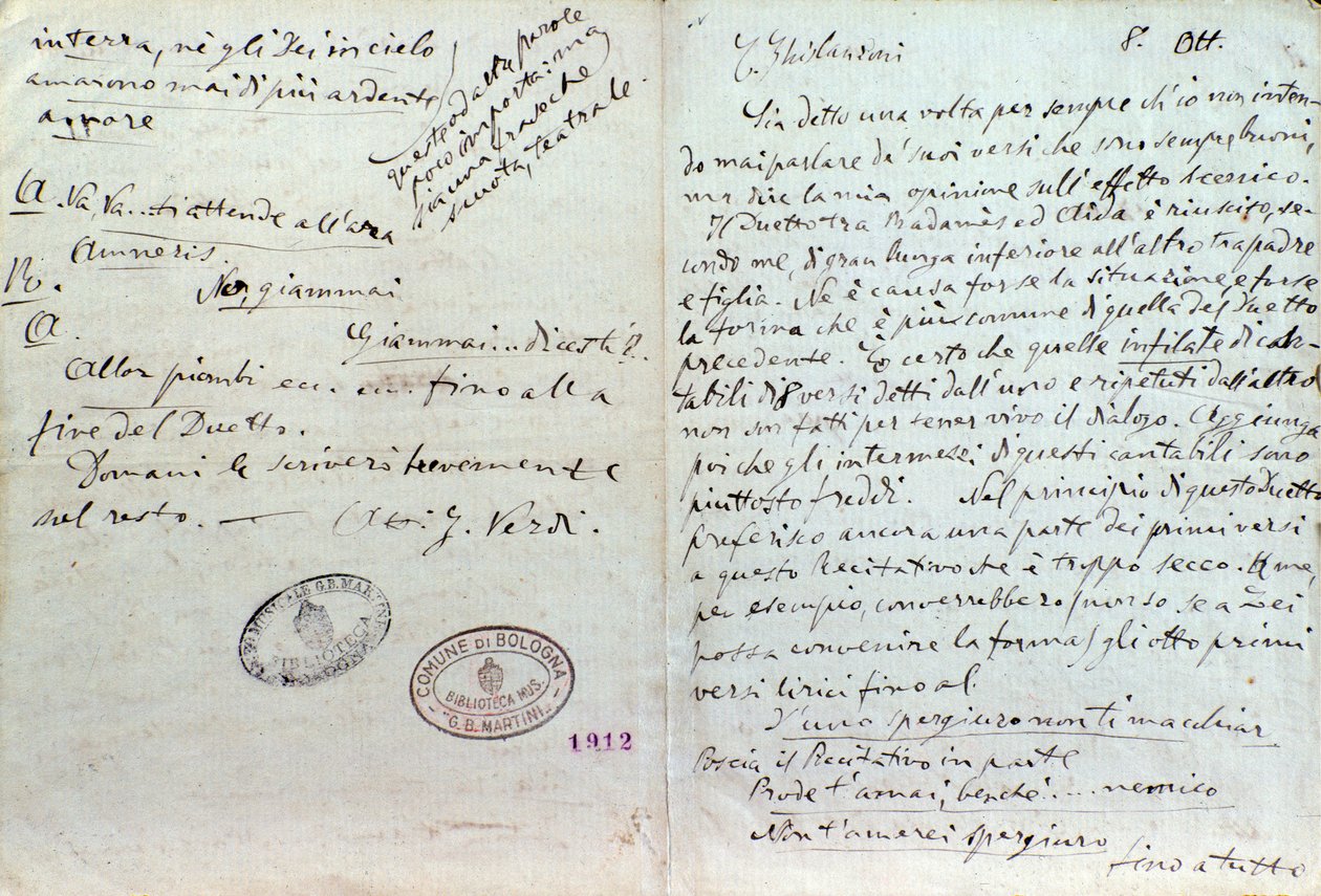 Lettre manuscrite de Giuseppe Verdi à l