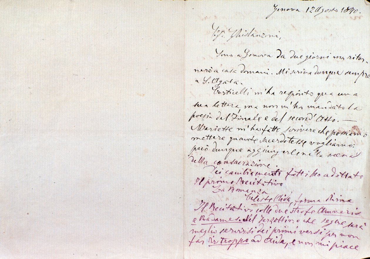 Lettre manuscrite de Giuseppe Verdi à l
