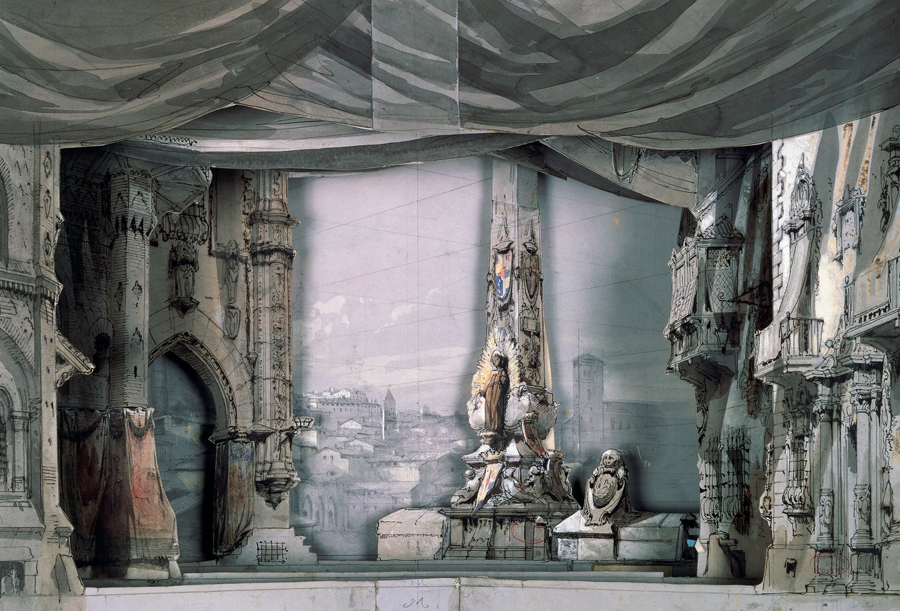 Place devant la cathédrale de Valladolid, Acte III, Scène IV, décor de Charles Campon pour Don Carlos de Giuseppe Verdi, représentation à Paris, Salle Le Peletier, 11 mars - Giuseppe Verdi