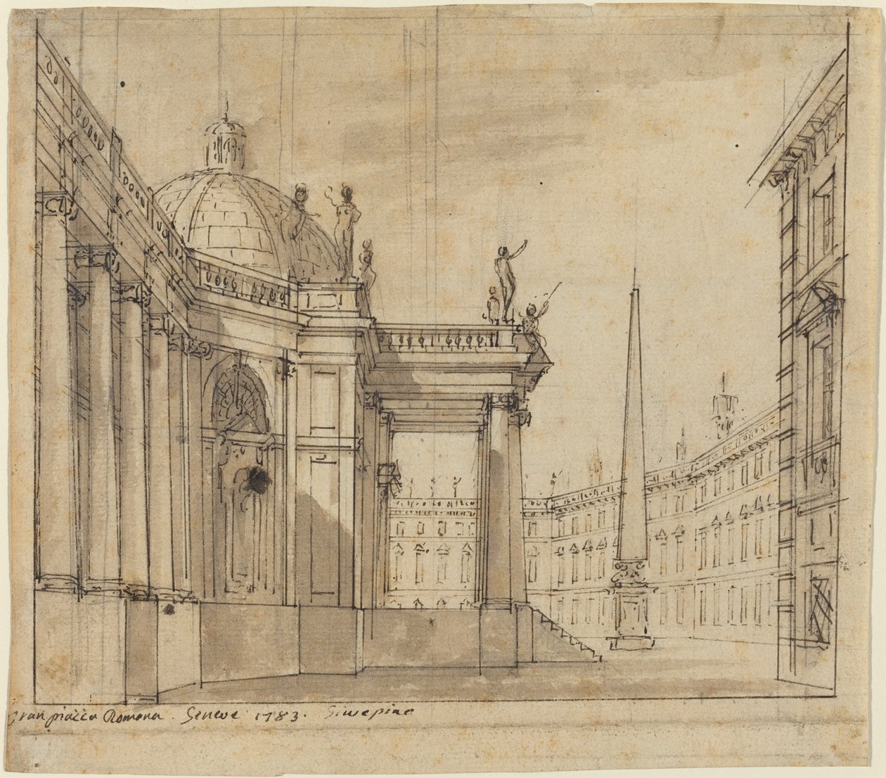 Décor de scène : Une place avec une église à dôme et un obélisque - Giuseppino Galliari