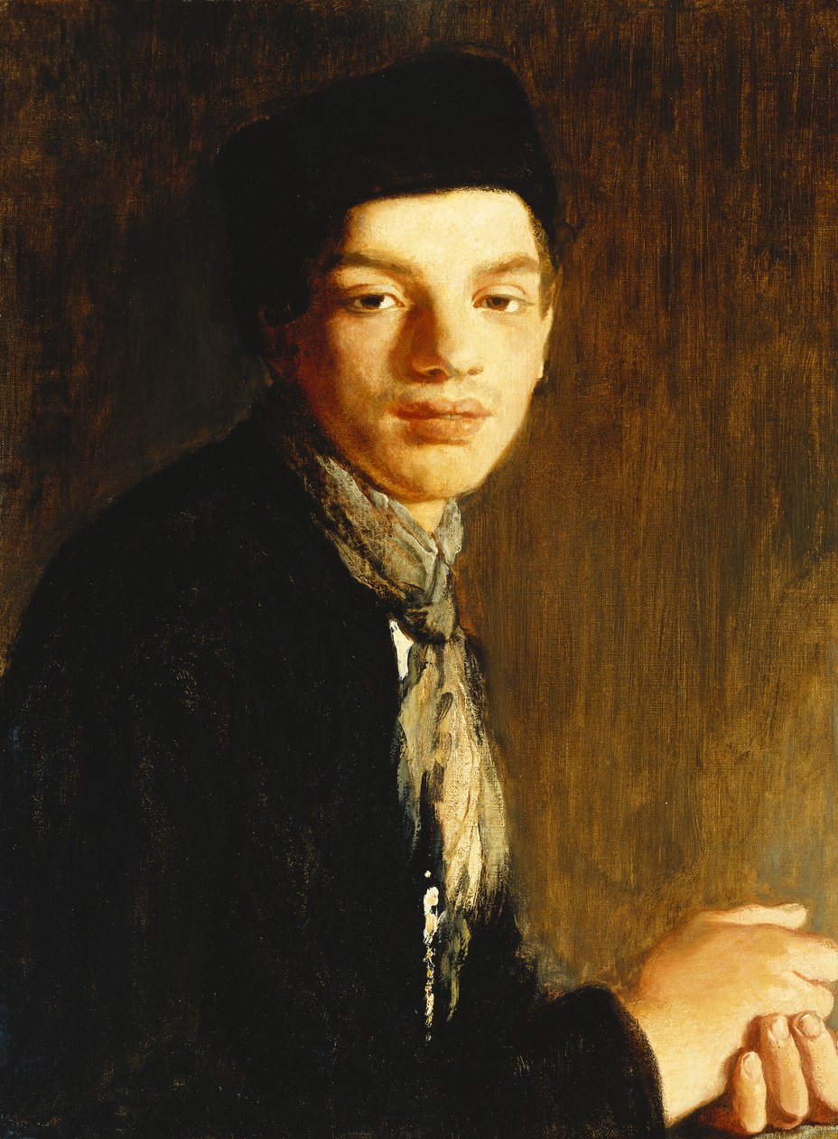 Un jeune homme, mi-longueur, portant un chapeau noir et une écharpe, vers 1911 - Glyn Warren Philpot