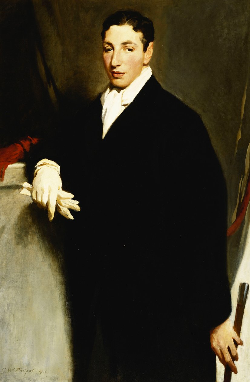 Portrait de Dennis Cohen, trois-quarts, portant un manteau noir et un gant blanc et tenant une canne - Glyn Warren Philpot
