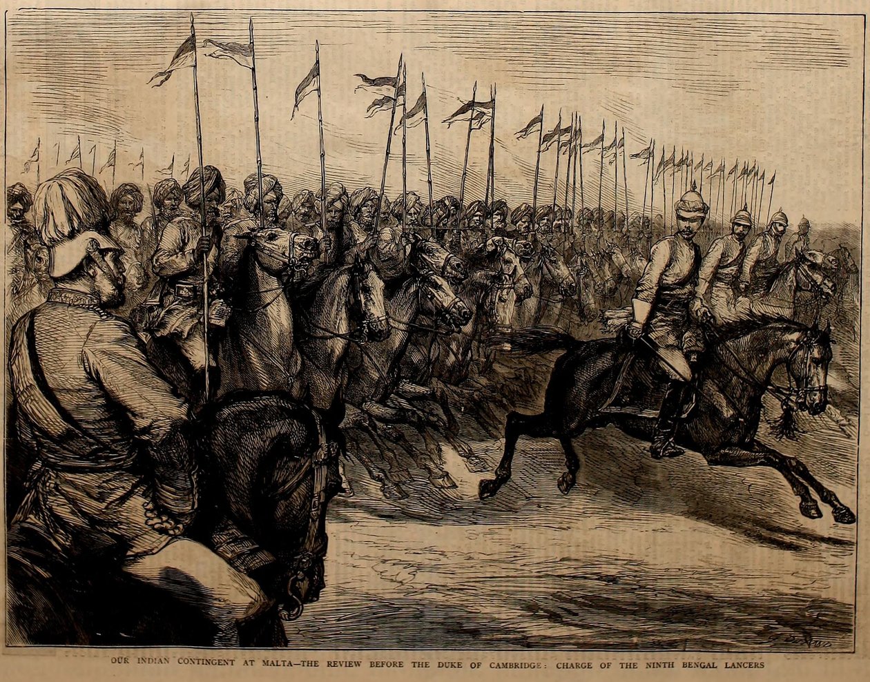 Notre contingent indien à Malte, la revue devant le duc de Cambridge, la charge des Ninth Bengal Lancers. - Godefroy Durand