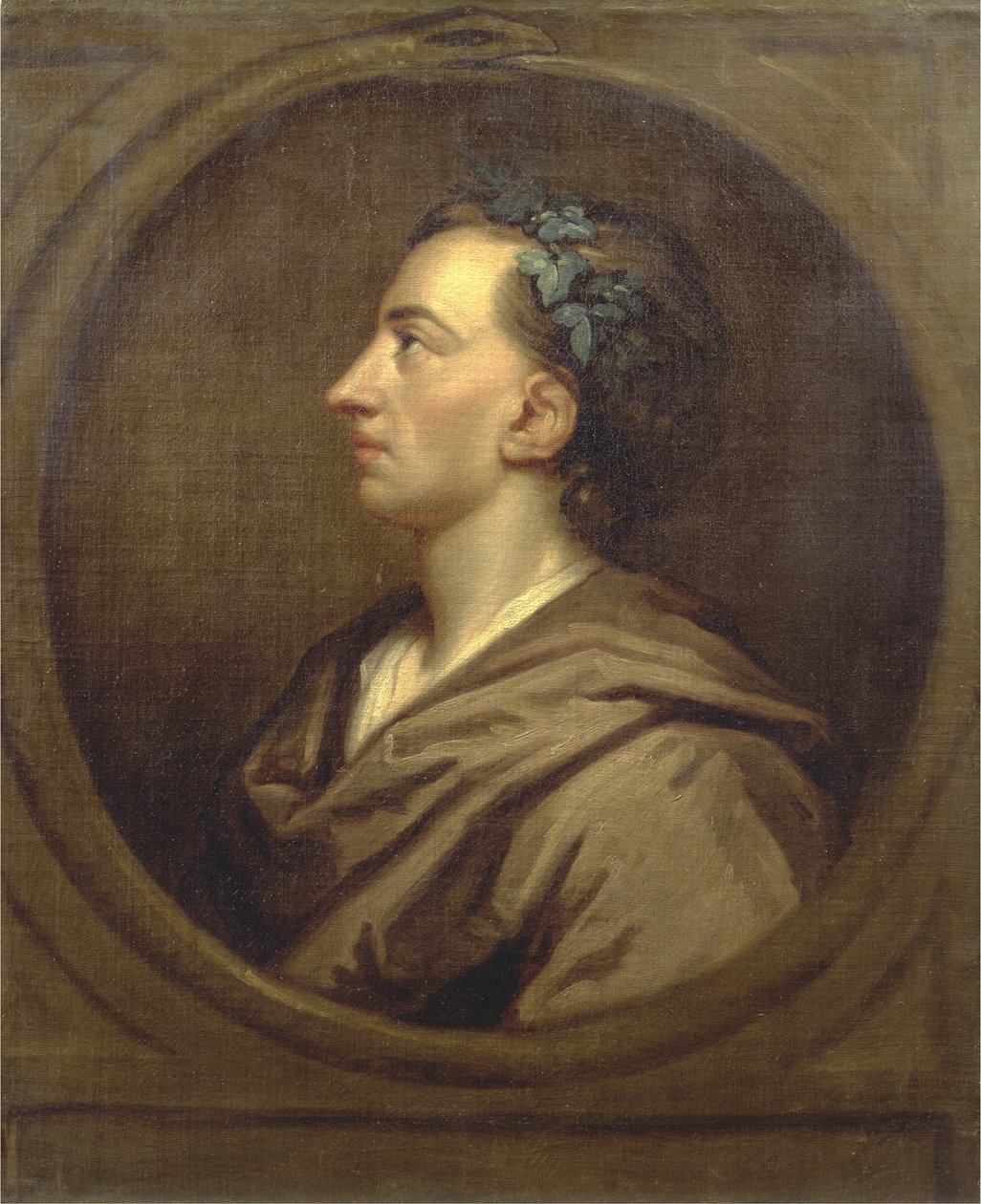 Alexander Pope (1688-1744) profil, couronné de lierre - Godfrey (studio of) Kneller