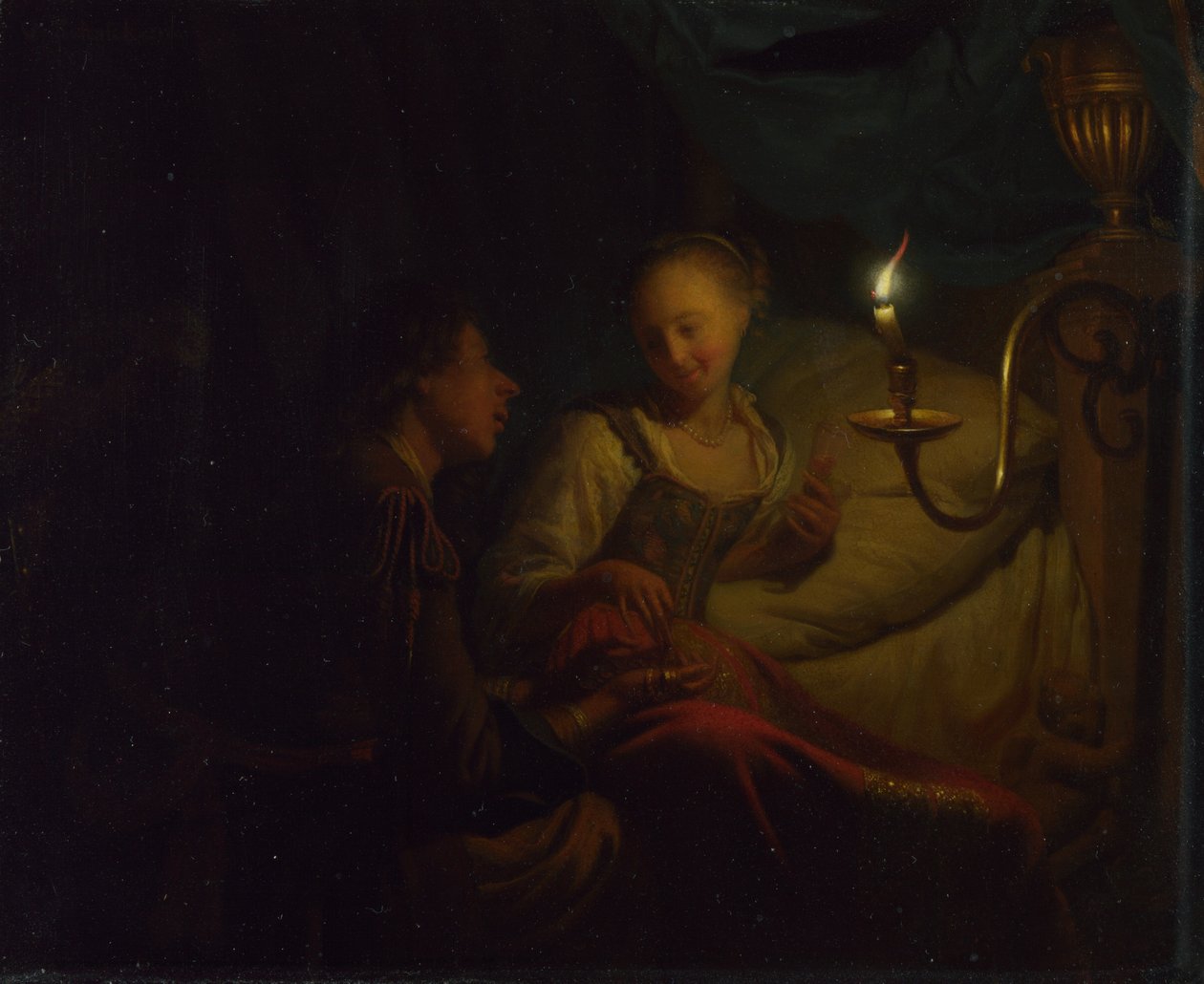 Scène à la chandelle. Un homme offrant une chaîne en or et des pièces à une fille assise sur un lit, vers 1665-1667 - Godfried Cornelisz Schalcken