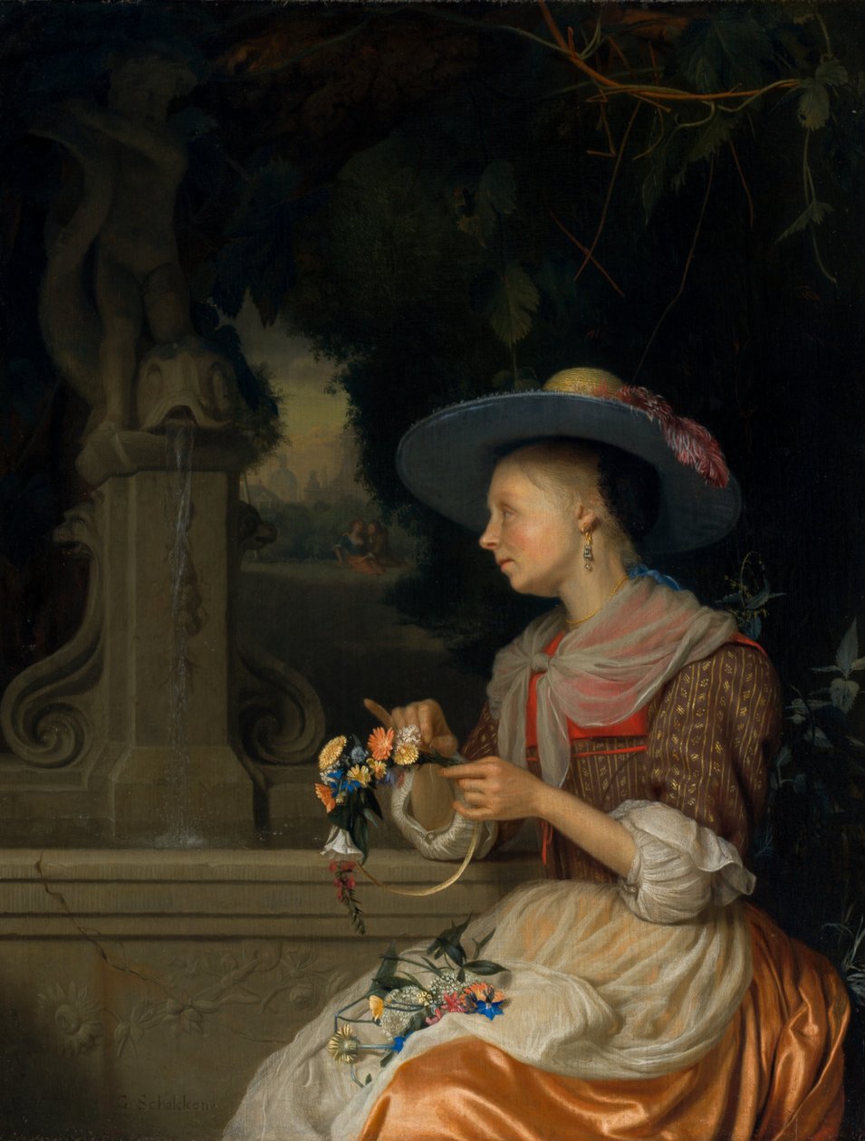Femme tressant une couronne de fleurs, vers 1675-1680 - Godfried Schalcken