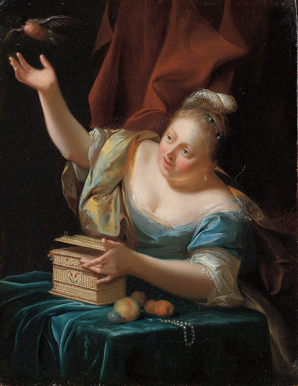 Une femme, assise à une table en costume de fantaisie, libérant un oiseau de sa cage - Godfried Schalcken
