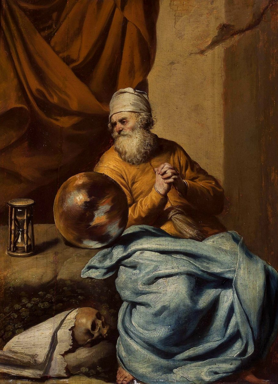 Vieil homme avec une sphère, un sablier, un crâne et des livres (Vanitas ) - Gonzales Coques