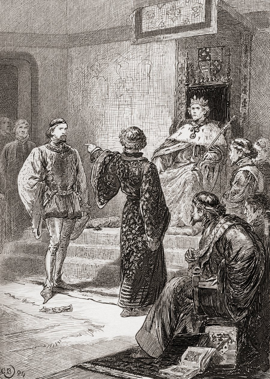 Scène de la pièce de William Shakespeare, Richard II, Acte I, Scène 1, de Les Œuvres de William Shakespeare, publié en 1896 - Gordon Frederick Browne