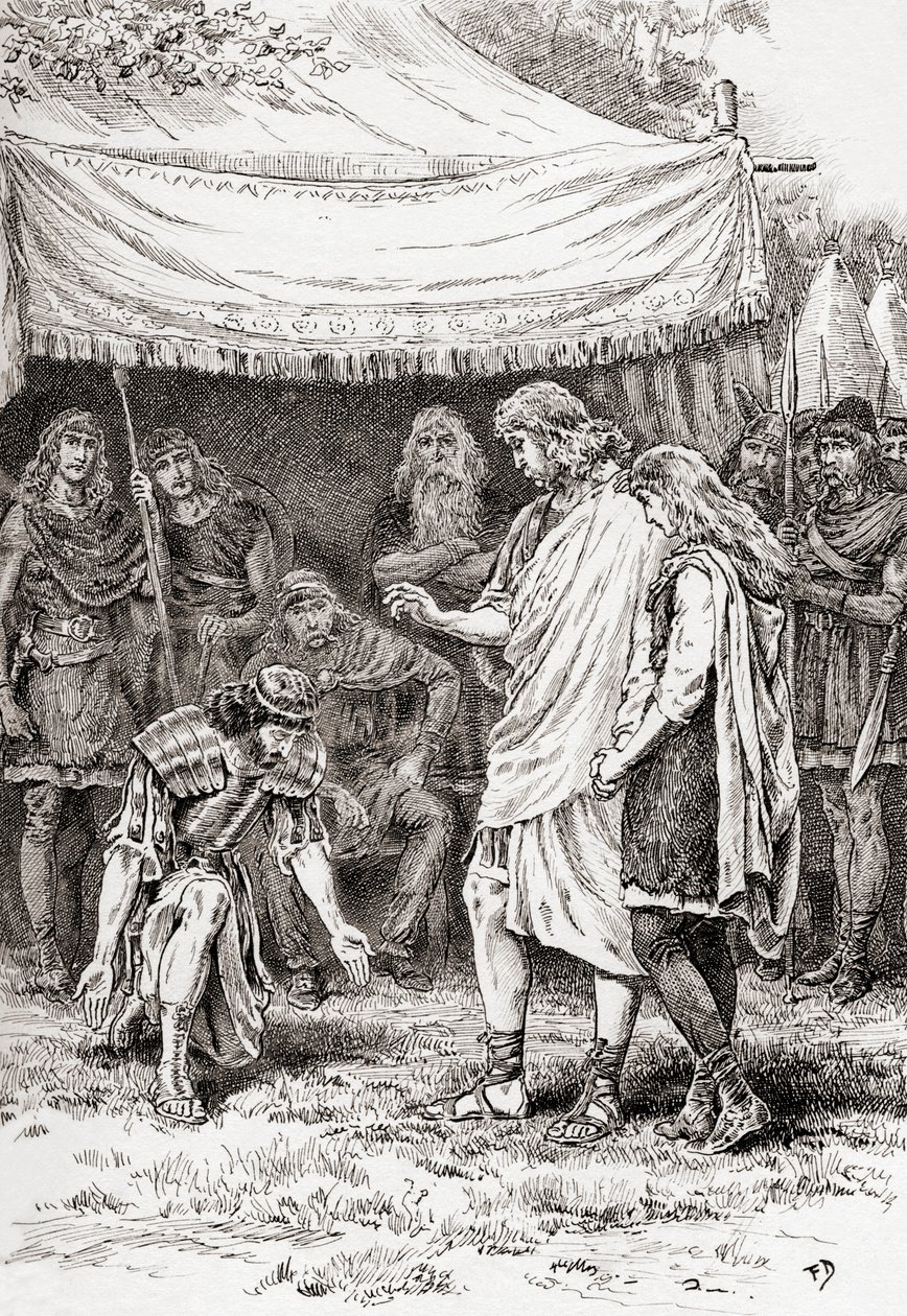 Scène de la pièce de William Shakespeare, Cymbeline, Acte V, Scène 5, de Les Œuvres de William Shakespeare, publié en 1896 - Gordon Frederick Browne
