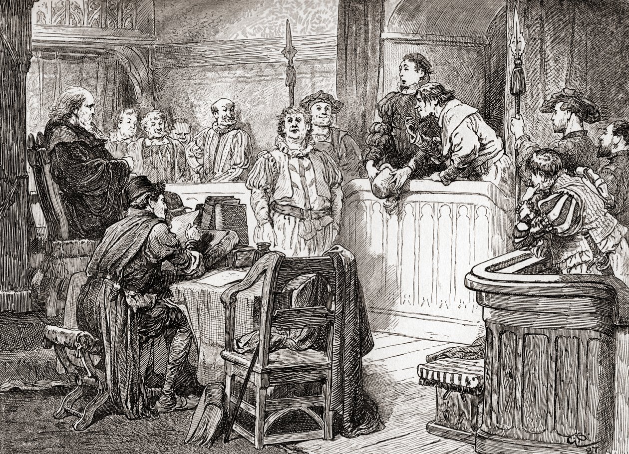 Scène de la pièce de William Shakespeare, Mesure pour Mesure, Acte II, Scène 1, de Les Œuvres de William Shakespeare, publié en 1896 - Gordon Frederick Browne