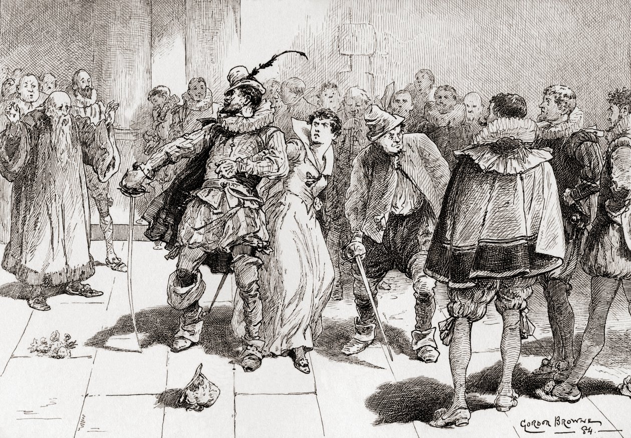 Scène de la pièce de William Shakespeare, La Mégère apprivoisée, Acte III, Scène 2, de Les Œuvres de William Shakespeare, publié en 1896 - Gordon Frederick Browne