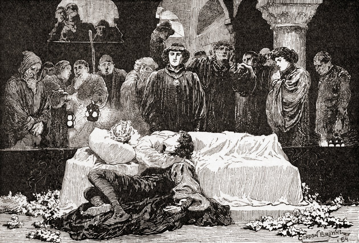 Scène de la pièce de William Shakespeare, Roméo et Juliette, Acte V, Scène 3, de Les Œuvres de William Shakespeare, publié en 1896 - Gordon Frederick Browne