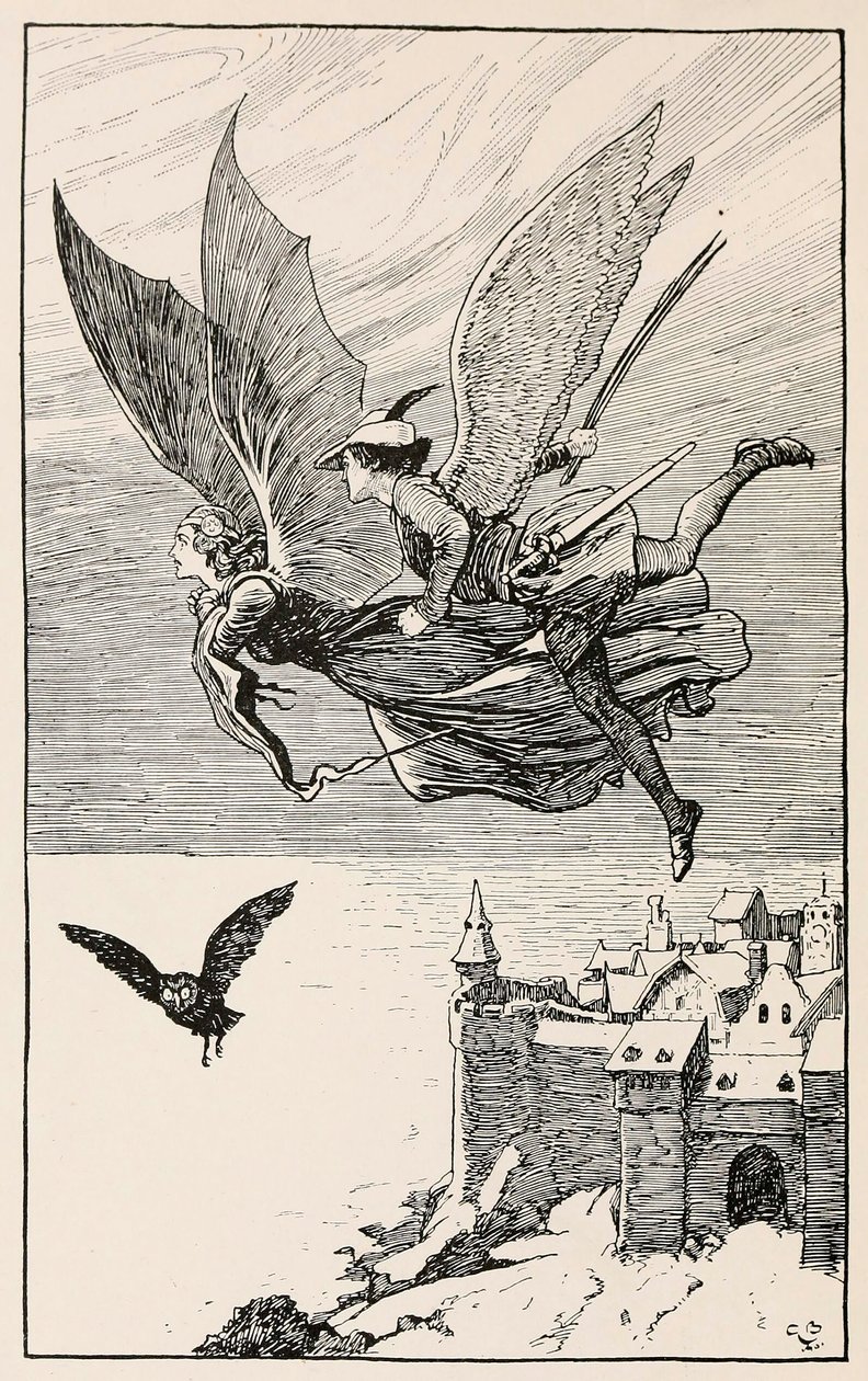 Le compagnon de voyage volait derrière elle, des Contes de fées de Hans Anderson, pub 1919 - Gordon Browne