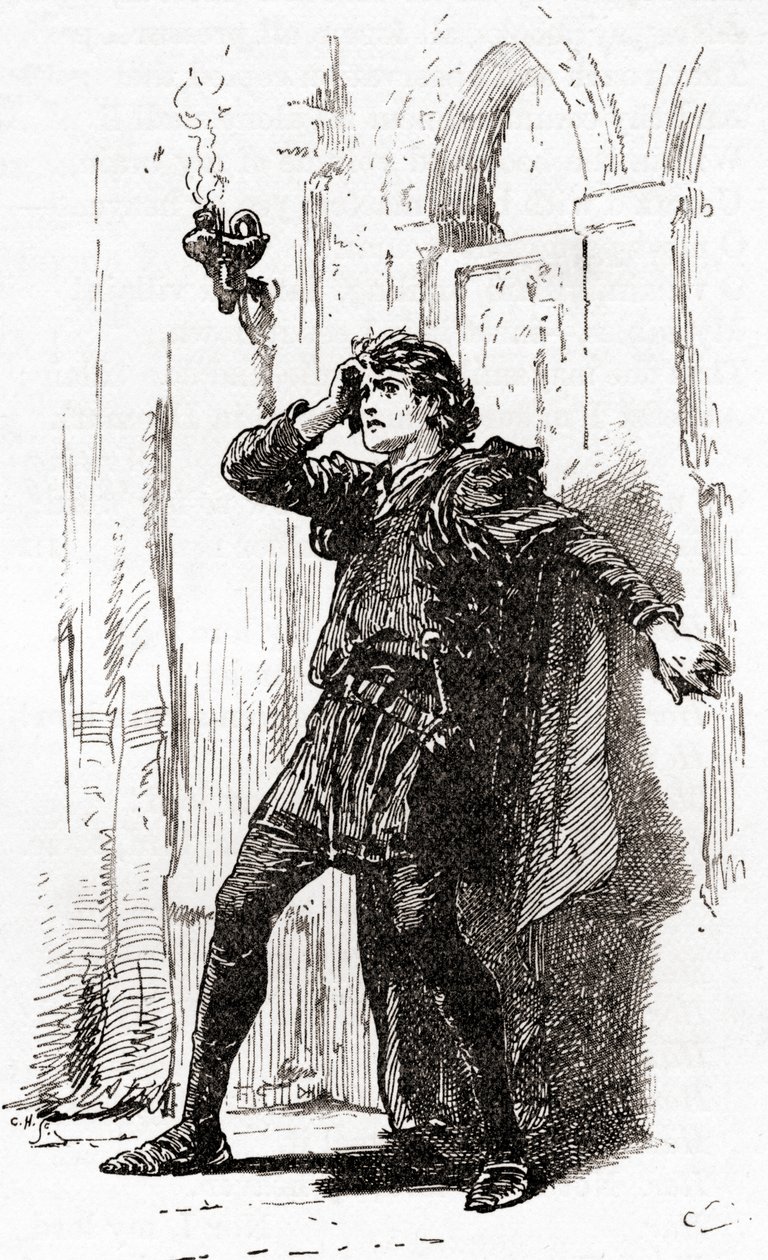 Scène de la pièce de William Shakespeare, Hamlet, Acte I, Scène 5, de Les Œuvres de William Shakespeare, publié en 1896 - Gordon Frederick Browne
