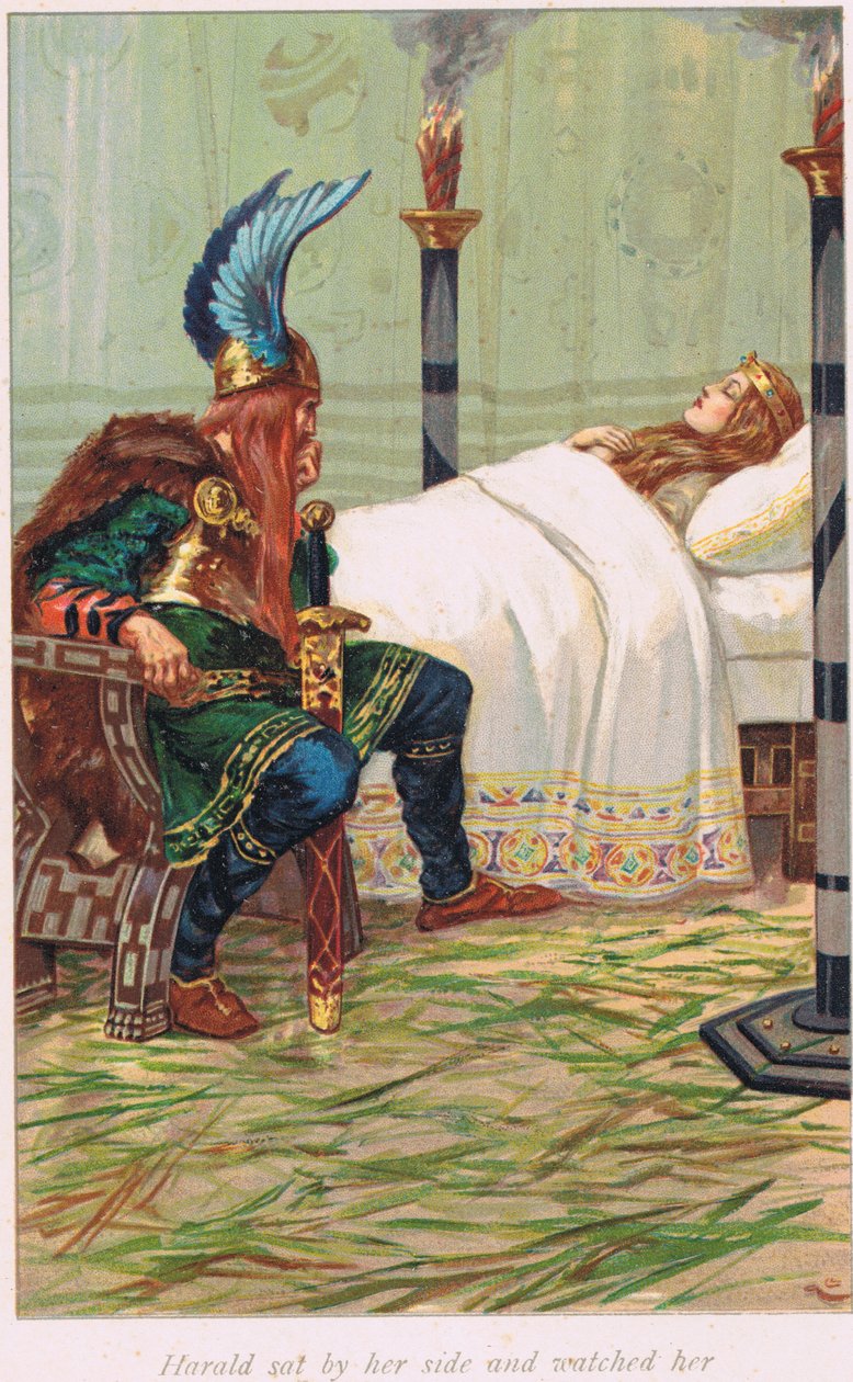 Harald assis à ses côtés et la regardant, illustration de 