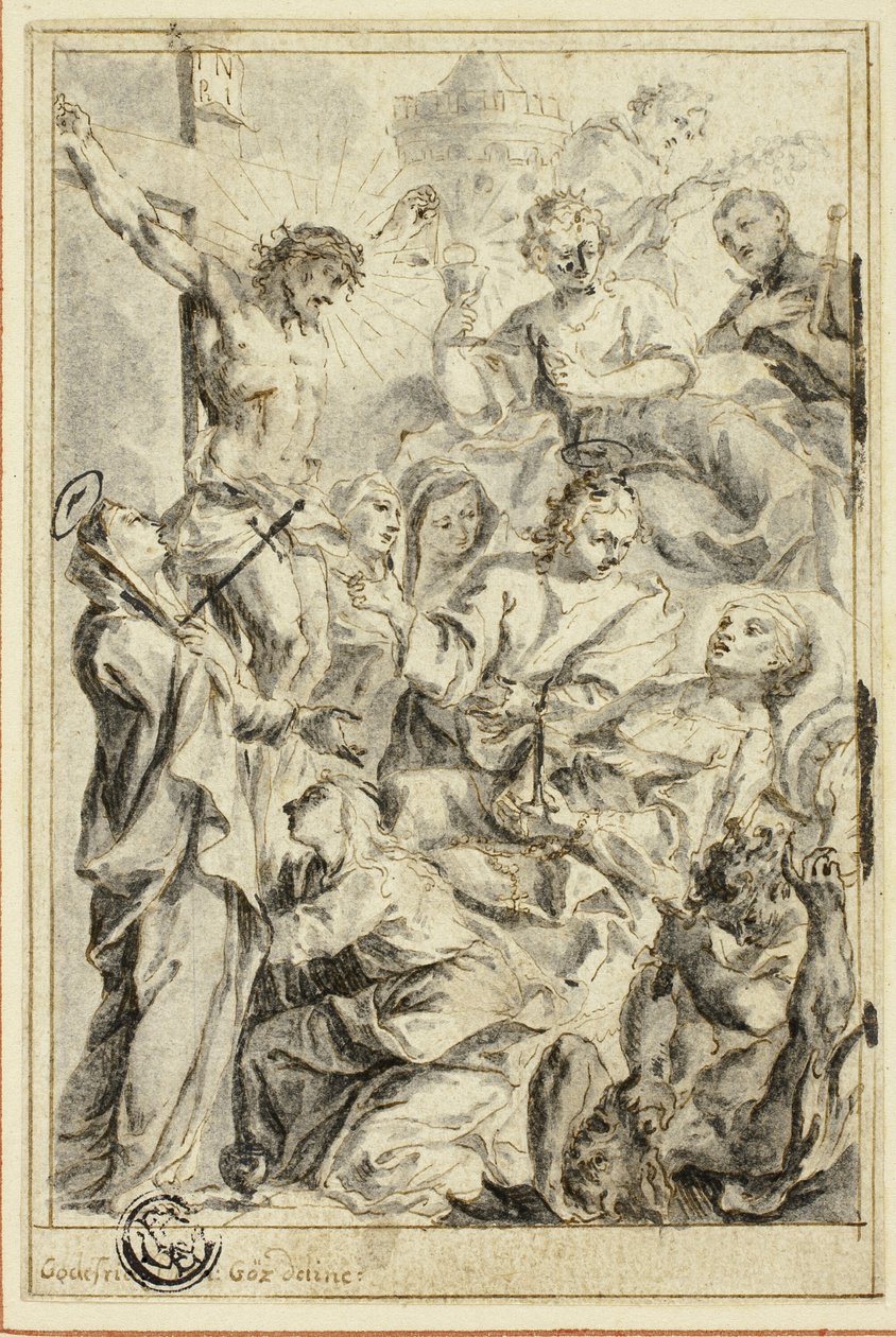 Le mourant consolé par le Christ en croix, la Vierge et les saints - Gottfried Bernhard Goetz