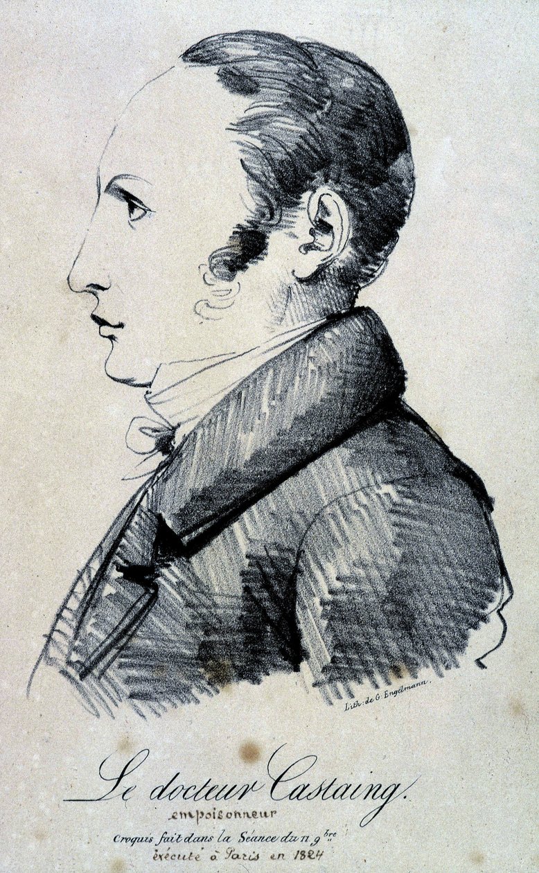 Portrait du Dr. Castaing, empoisonneur. Il a utilisé du sel de morphine, chlorhydrate pour tuer son ami Hippolyte Ballet en 1823. Il a été exécuté à Paris en 1824. Lithographie par Engelmann d