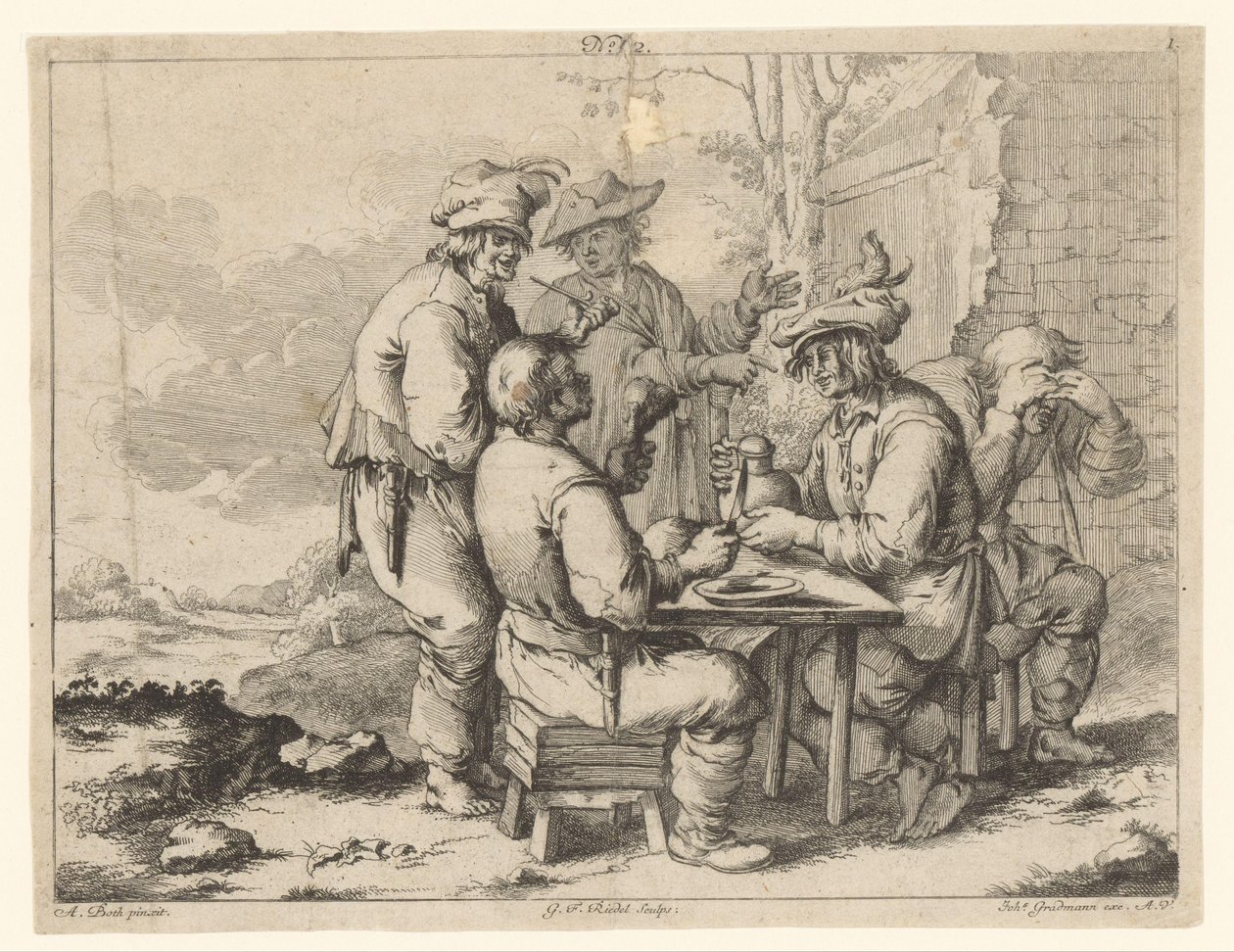 Cinq paysans à table en plein air - Gottlieb Friedrich Riedel
