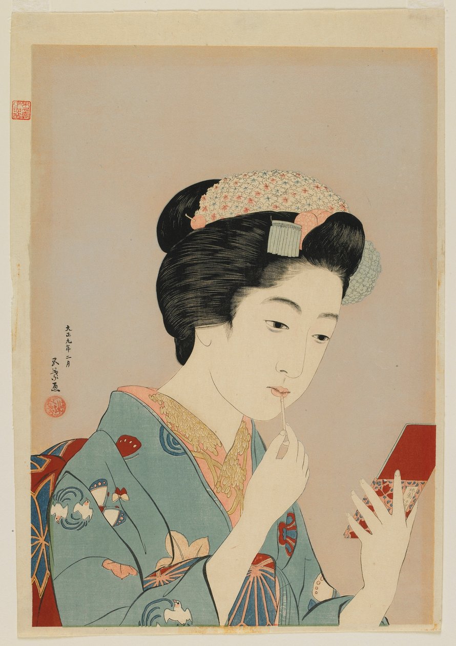 Femme appliquant du rouge à lèvres, ère Taisho, février 1920 - Goyo Hashiguchi