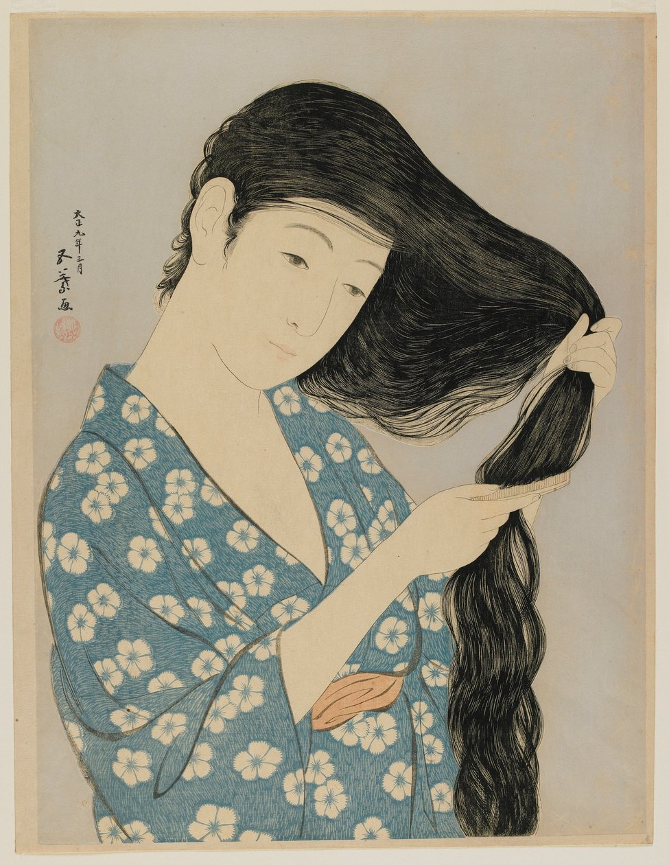 Femme se peignant les cheveux, époque Taisho, mars 1920 - Goyo Hashiguchi
