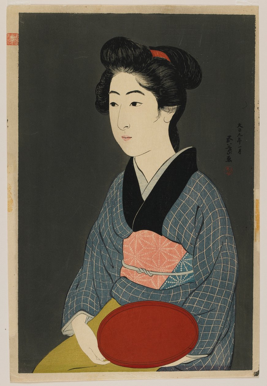Femme tenant un plateau, époque Taisho, janvier 1920 - Goyo Hashiguchi