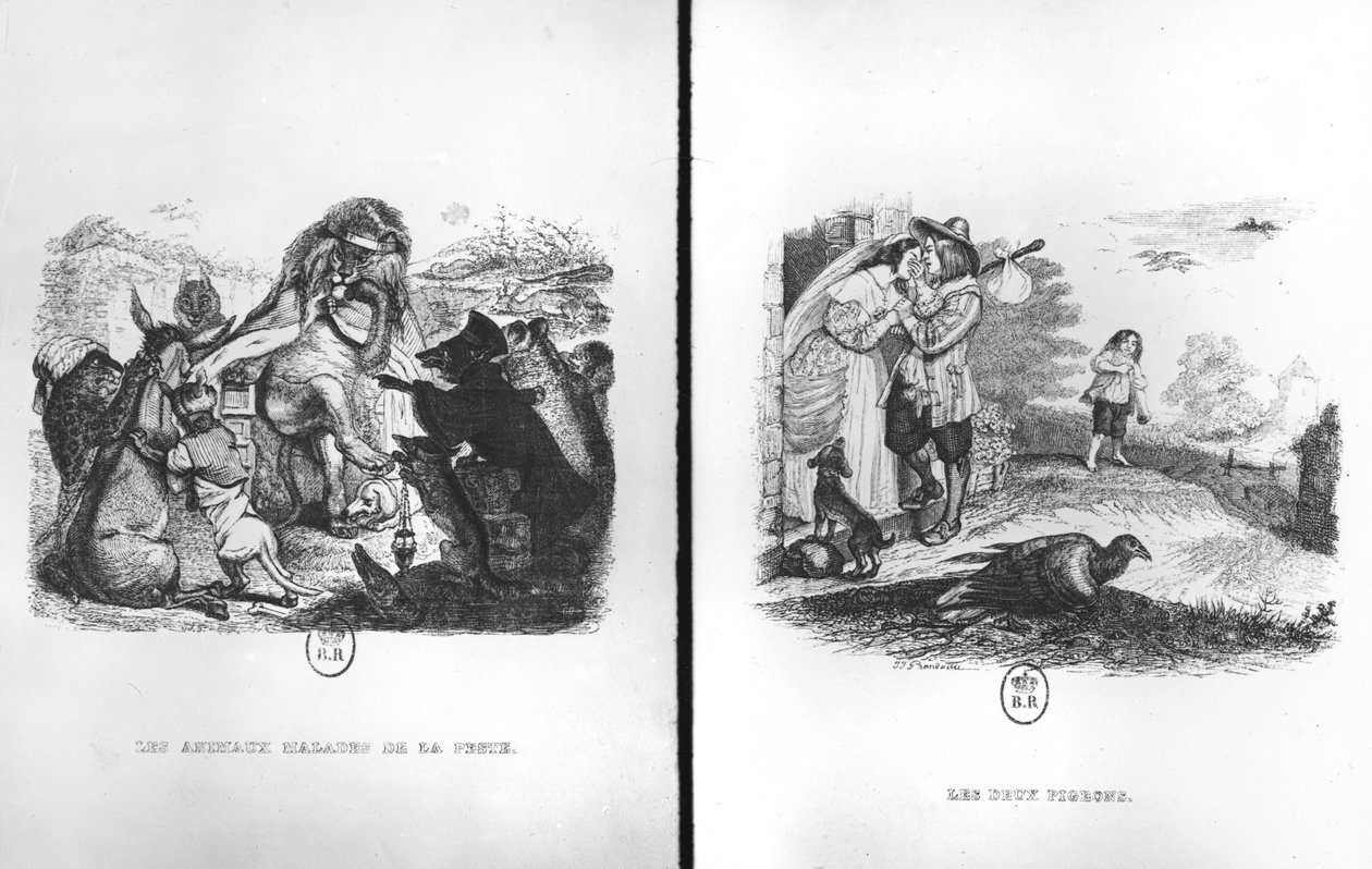 Animaux avec la peste et Les deux pigeons, illustrations des Fables de La Fontaine - Grandville