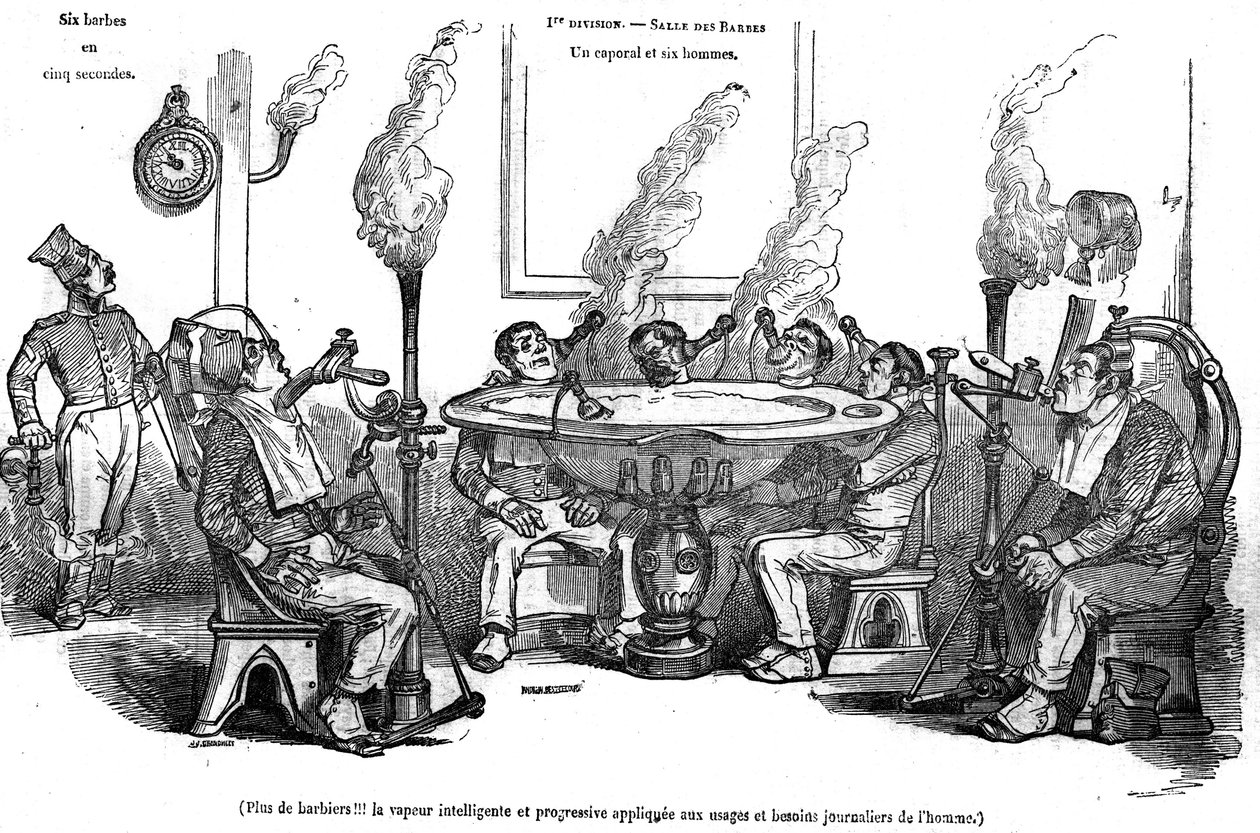 Caricature de Grandville représentant un caporal et ses hommes dans la Salle des Barbes assis avec une machine à vapeur les rasant sans l