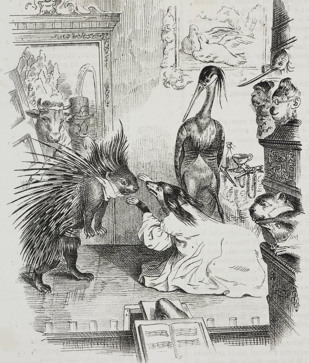 Chien et porc-épic, caricature de Jean-Jacques Grandville (1803-1847), lithographie de Giovanni Mariani de Poliorama Pittoresco, n 38, 30 avril - Grandville