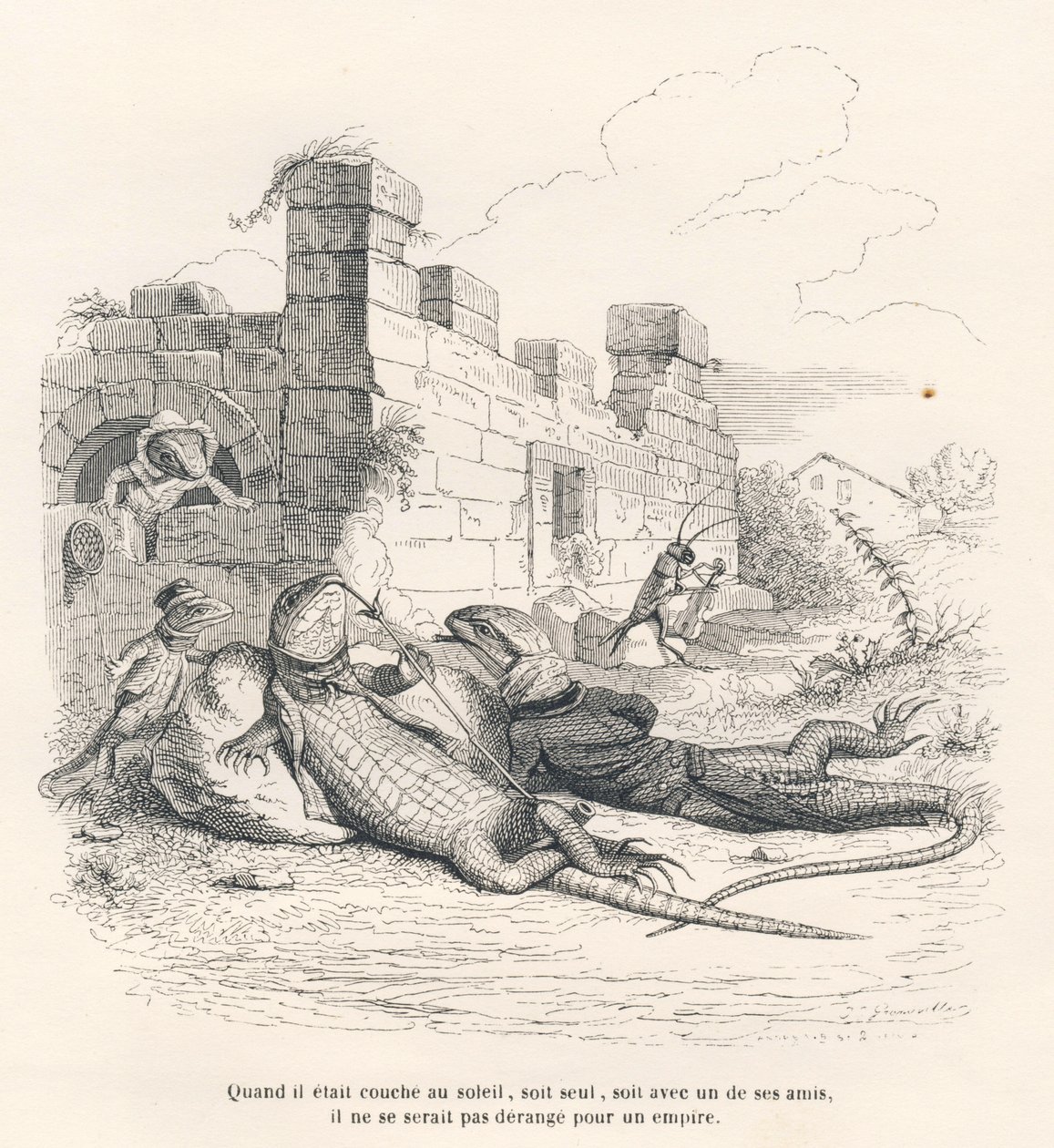Lézard fumant au soleil avec un de ses amis. Vignettes illustrées par JJ Granville. Gravure signée Andrew, Best et Leloir dans "Souvenirs d