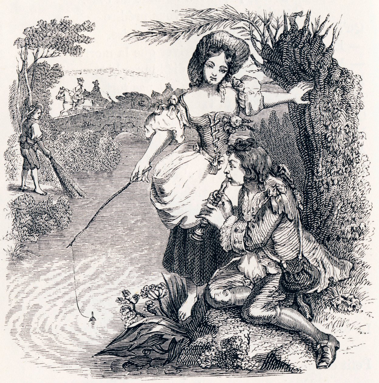 Les poissons et le berger qui joue de la flûte - Fables de La Fontaine - Grandville