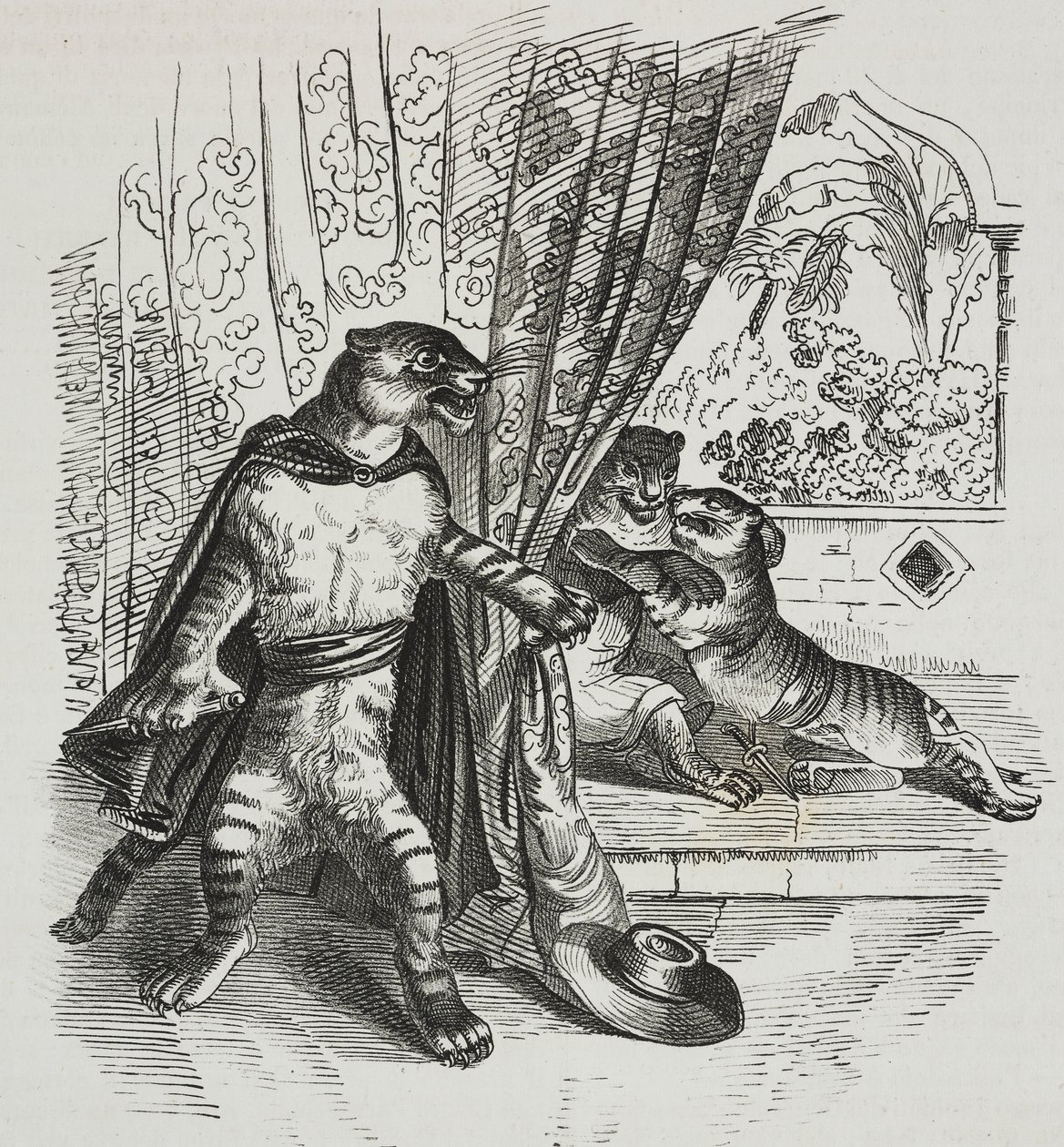 Le tigre avance avec un poignard, caricature de Jean-Jacques Grandville (1803-1847), lithographie de Gaetano Riccio tirée de Poliorama Pittoresco, n 39, 7 mai - Grandville