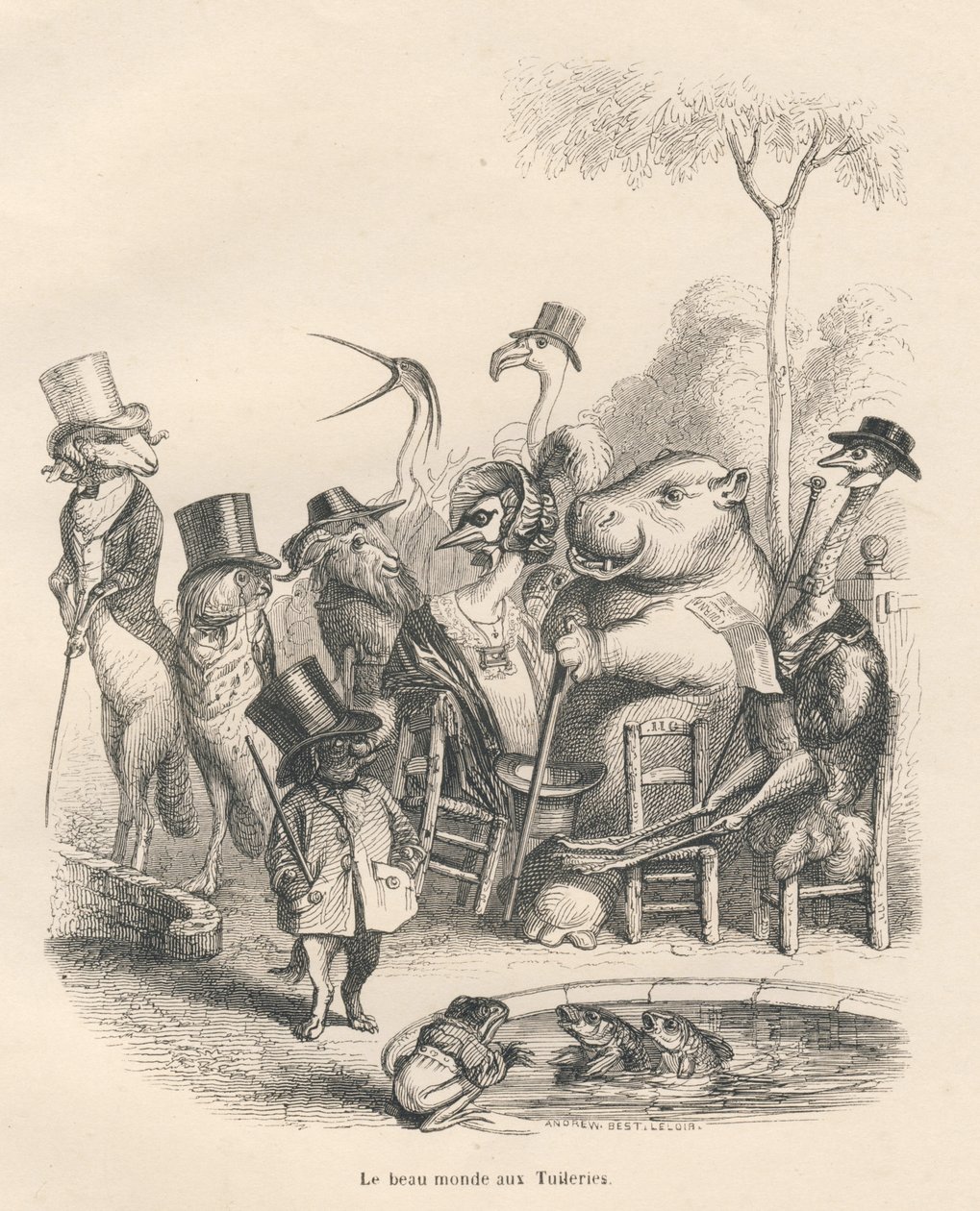 Animaux dans des tenues élégantes se promenant aux Tuileries (Histoire d