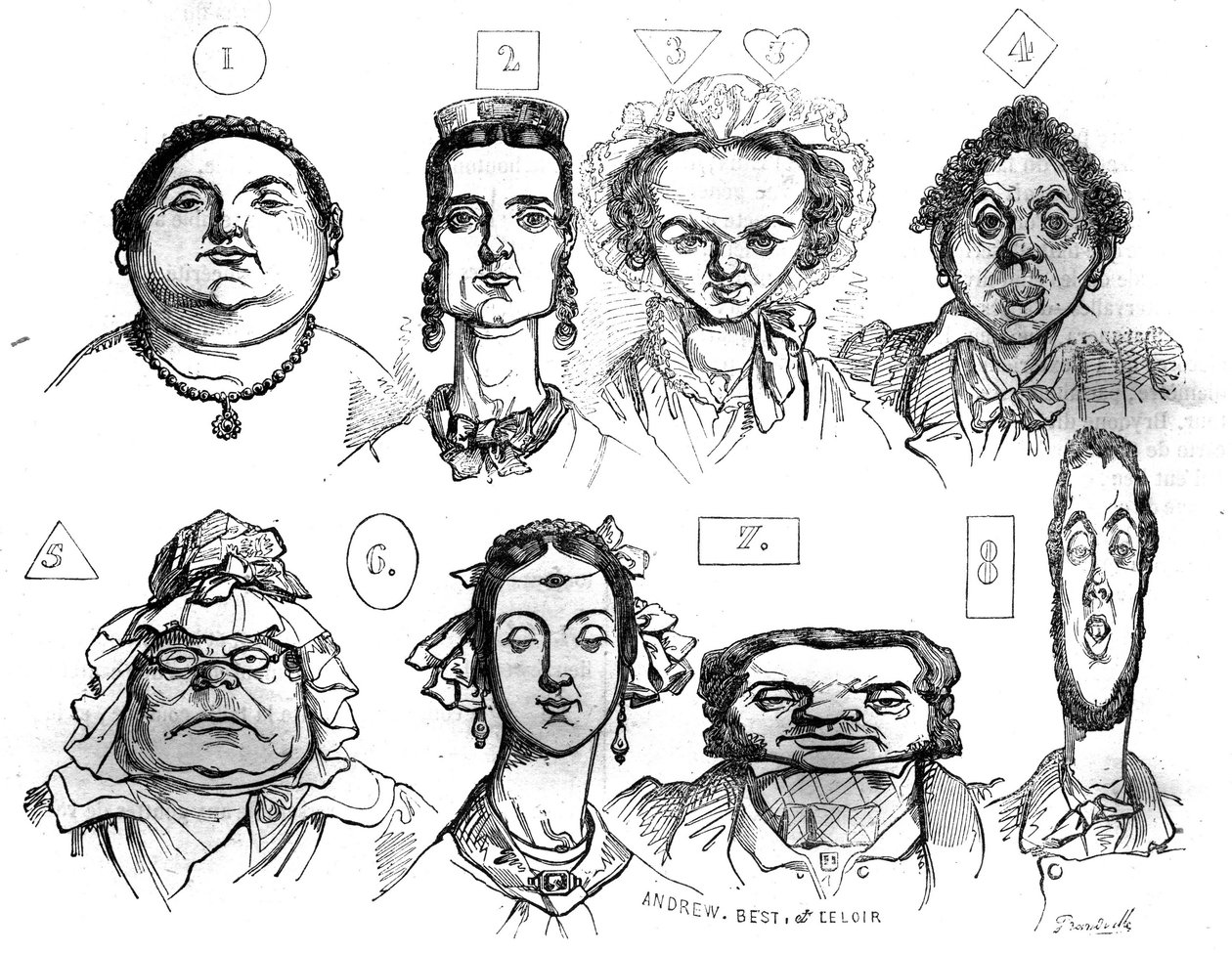 Caricatures illustrant les différentes formes de visage, expressions, les associant à des caractéristiques morales distinctes par Jean Ignace Isidore Gérard Grandville (1803-1847) - Grandville