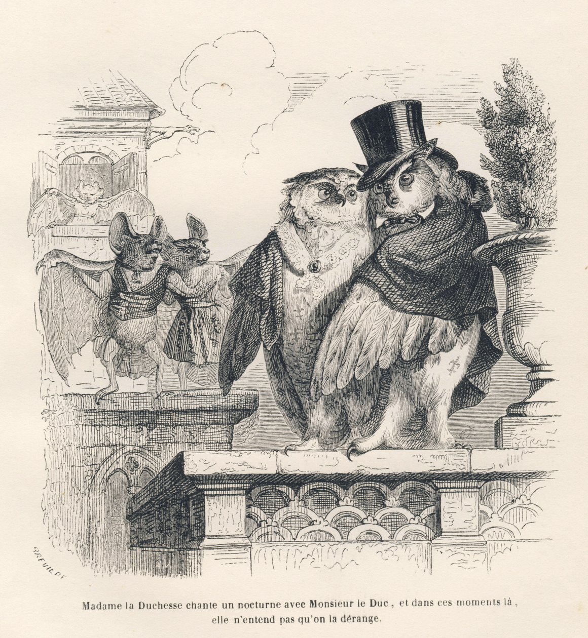 Chauve-souris écoutant une chouette et un hibou chanter - Grandville