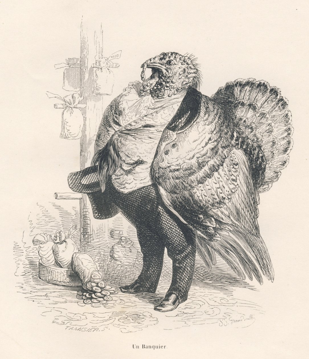 Dindon en banquier. Vignettes illustrées par JJ Granville. Gravure signée Tamisier dans "Souvenirs d