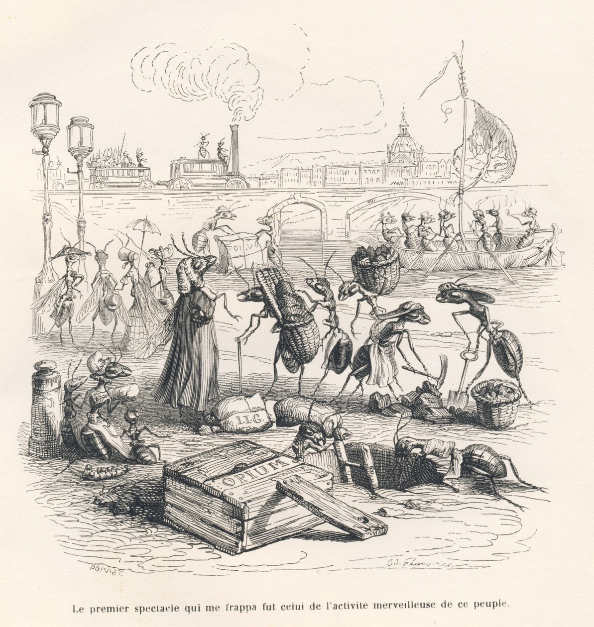 Fourmis en pleine activité sur les berges de la Seine. Vignettes illustrées par JJ Granville. Gravure signée Porret dans "Voyage d