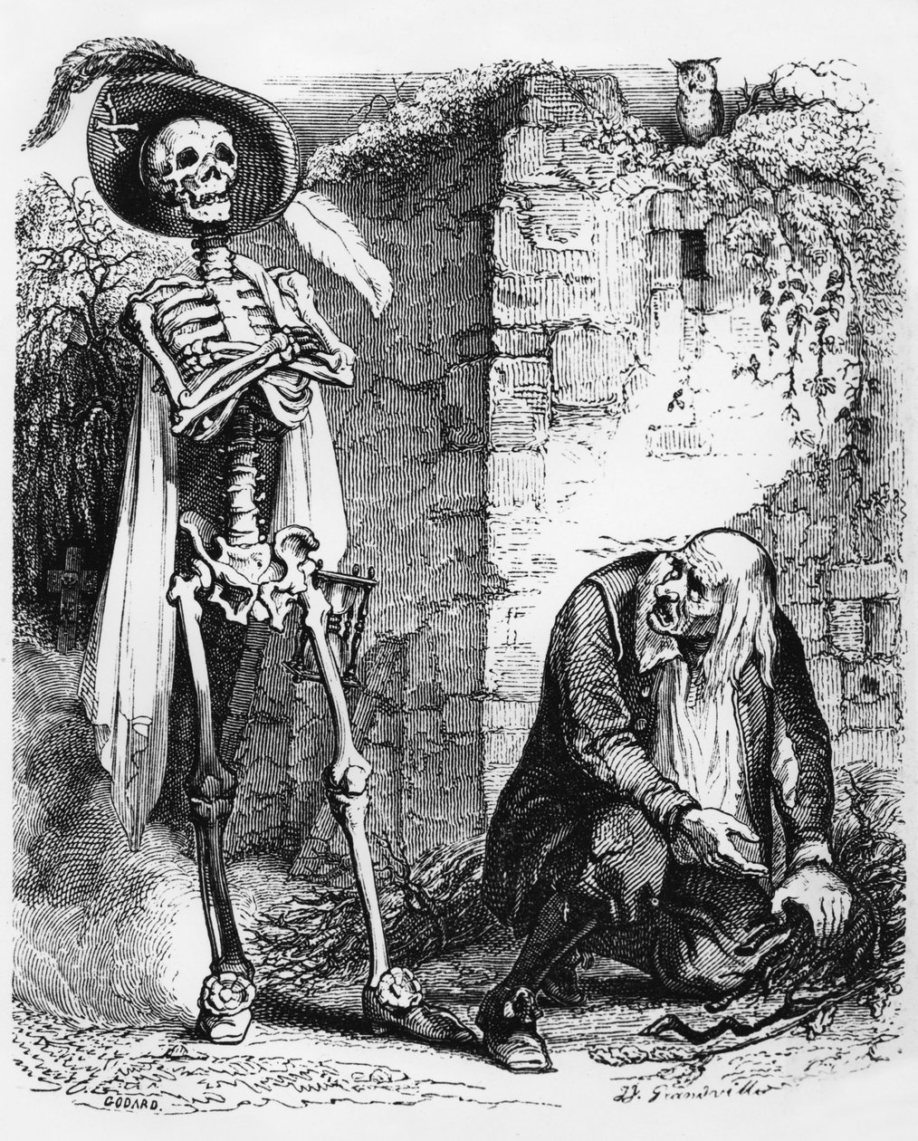 Fable de La Fontaine : La Mort et le bûcheron, gravure de J.J. Grandville, vers 1838-40 - Grandville (1803 47)