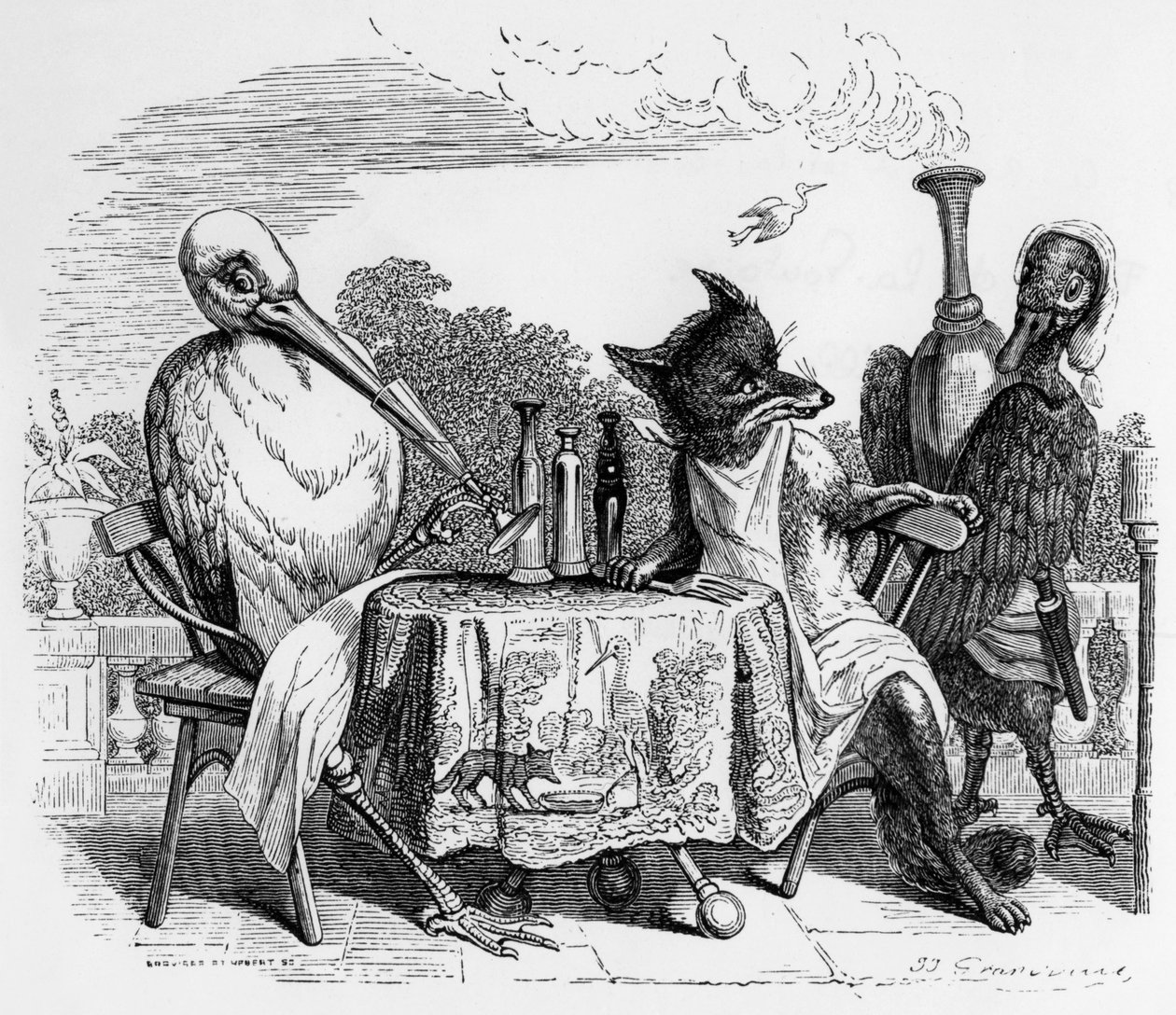 Fable de La Fontaine (par Jean de La Fontaine) : le Renard et la Cigogne, gravure par J.J. Grandville, c. 1838-40 - Grandville (1803 47)
