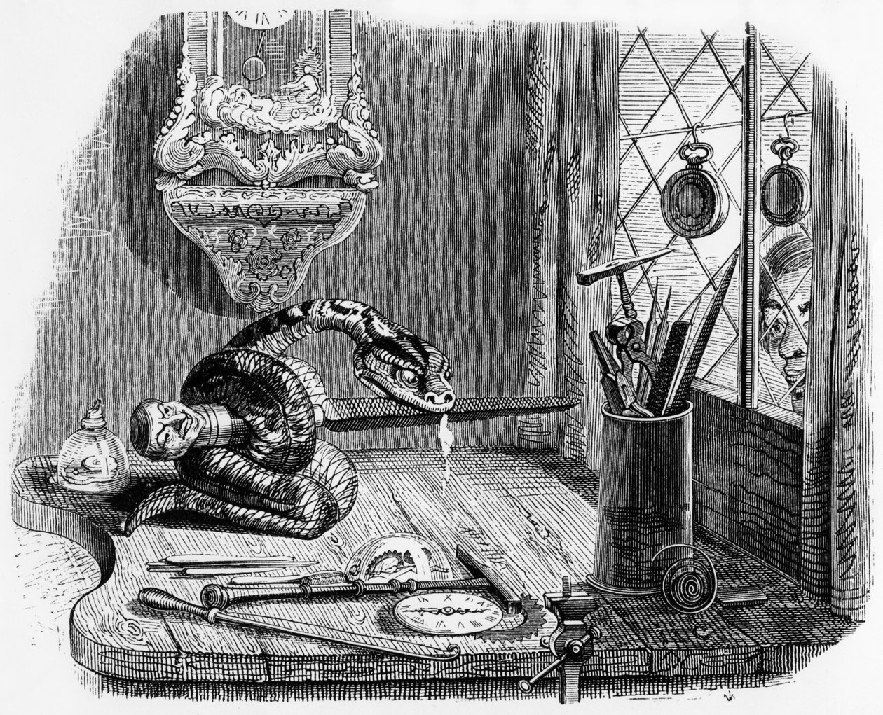 La fable de La Fontaine (par Jean de La Fontaine) : le serpent et la lime, gravure de J.J. Grandville, c. 1838-40 - Grandville (1803-47)