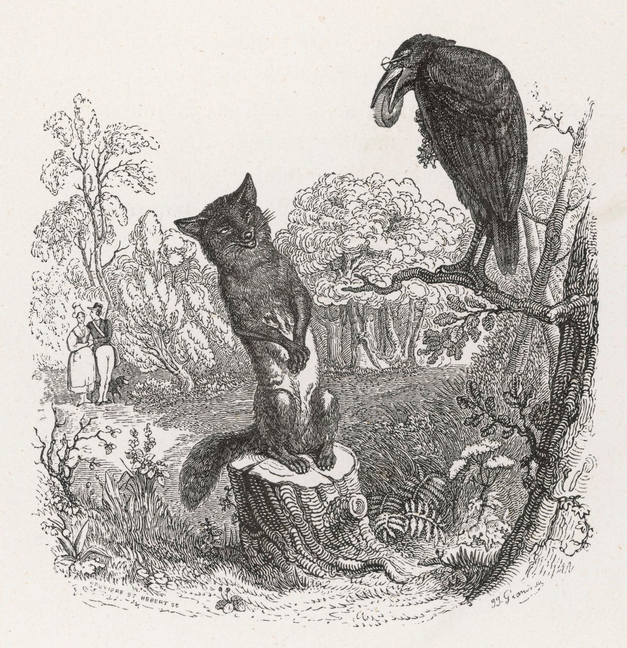 La fable de La Fontaine : Le Corbeau et le Renard, vers 1860 - Grandville (1803 47)