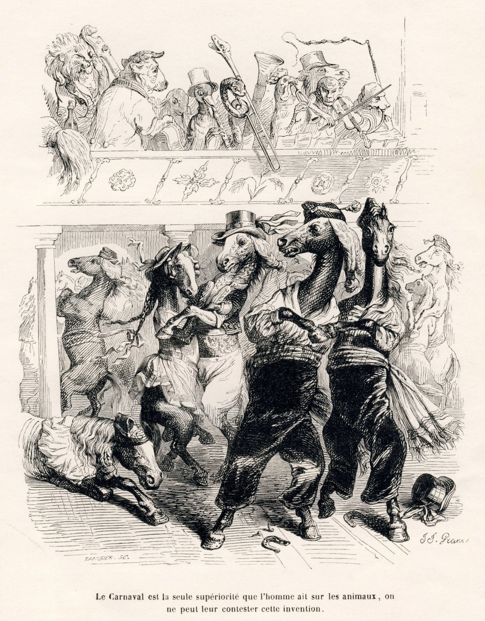 Le carnaval des chevaux. Vignettes illustrées par JJ Granville. Gravure signée Tamisier dans la partie intitulée "Voyage d