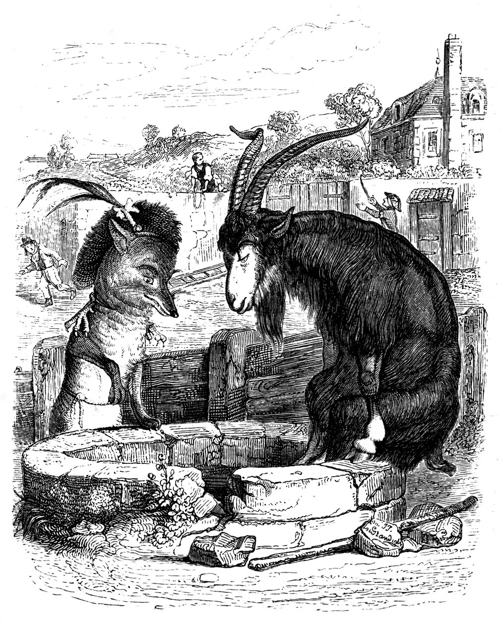Le renard et le bouc : fable de La Fontaine illustrée par Grandville. - Grandville (1803 47)