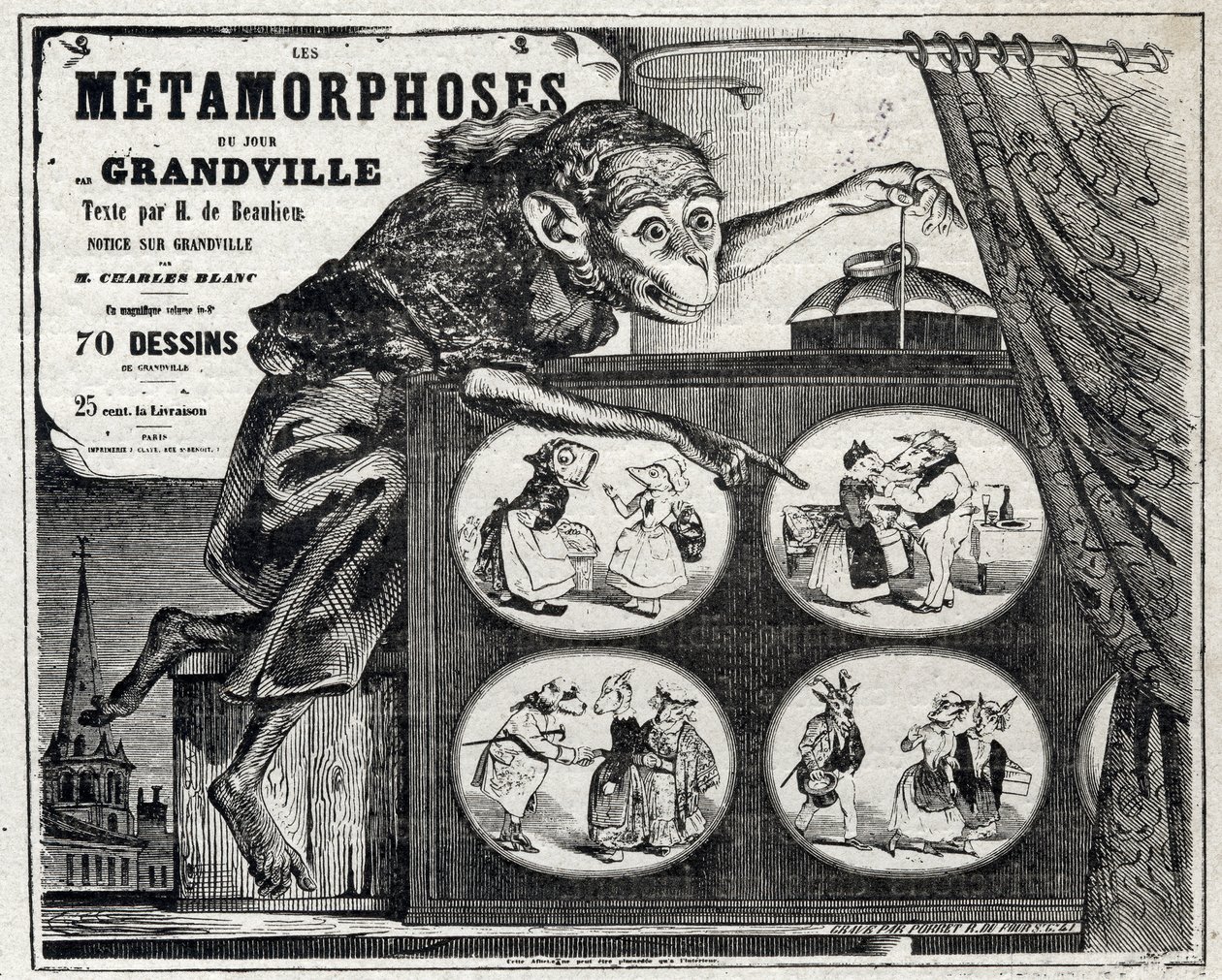 Littérature. La Métamorphose quotidienne, par le caricaturiste Jean Jacques Grandville. Affiche, France - Grandville