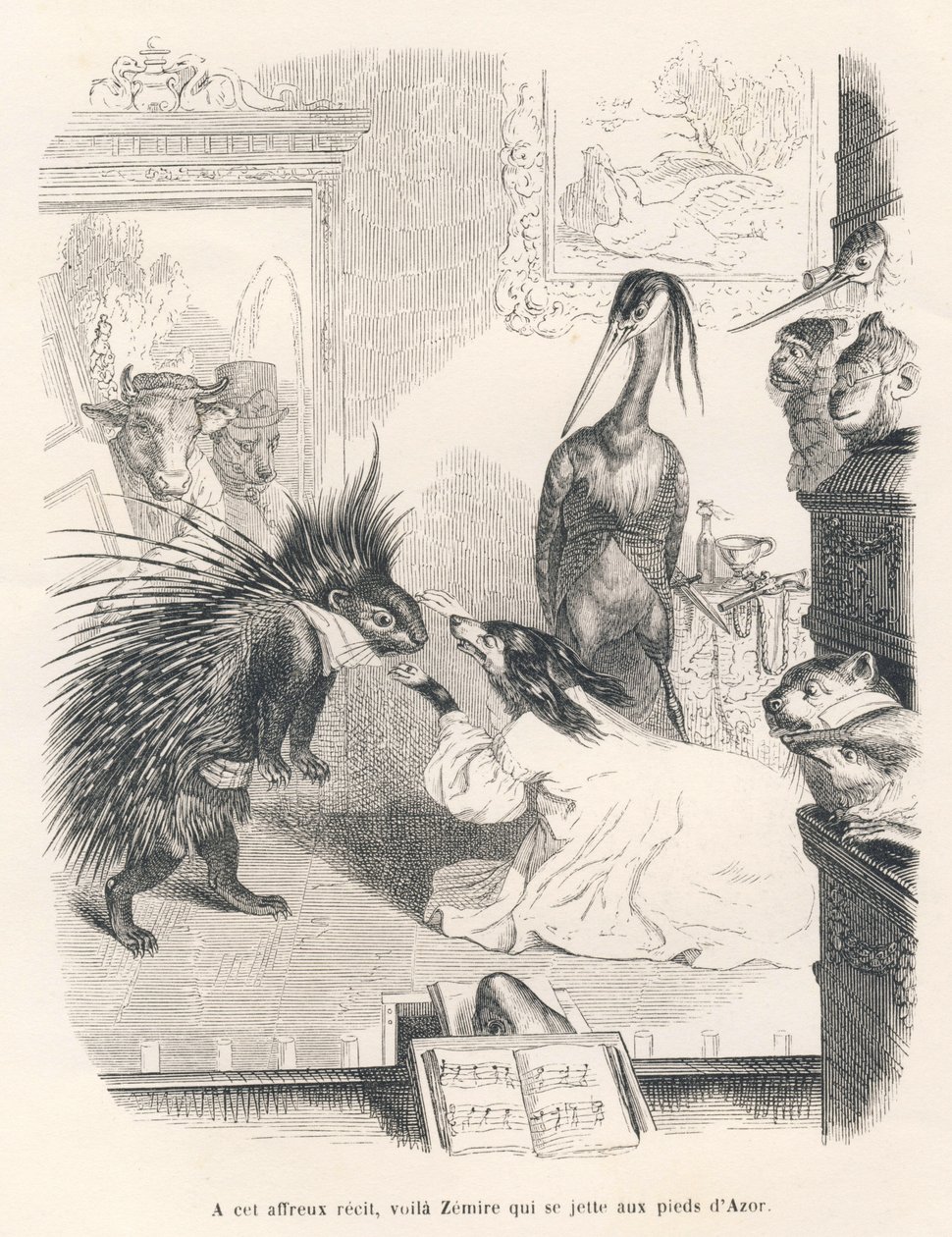 Opéra avec sur scène un porc-épic, un chien et un héron. Vignettes illustrées par JJ Granville. Gravure signée Godard dans "Le premier feuilleton de Pistolet" écrit par Jules Janin dans "Scènes de la vie privée et publique des animaux" - Grandville