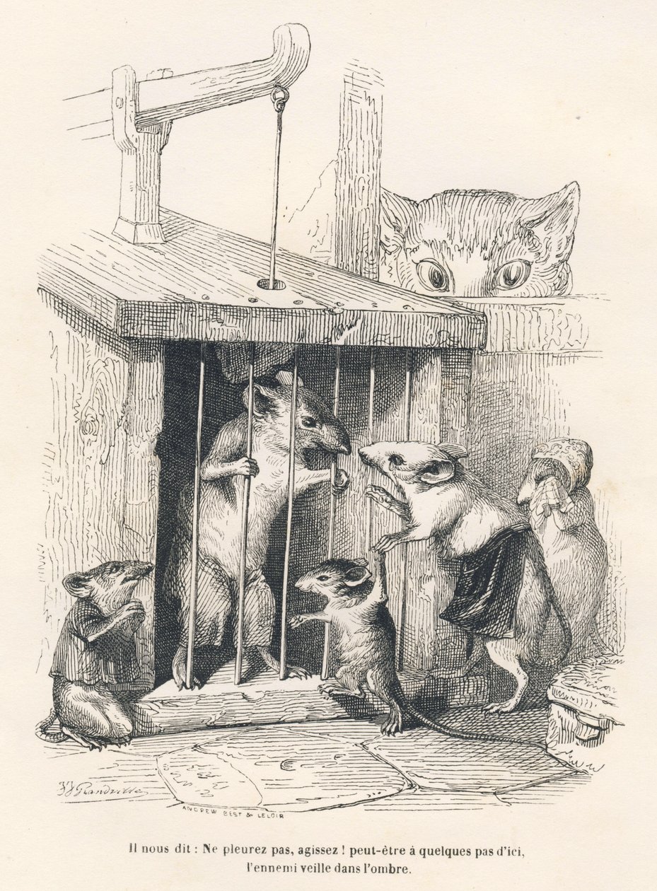 Piège : Chat guettant des souris venues pleurer celui qui a été fait prisonnier. Vignettes illustrées par JJ Granville. Gravure signée Andrew, Best et Leloir dans la partie intitulée "Le rat philosophe" écrit par Edouard Lemoine in "Scènes de la vie privée - Grandville