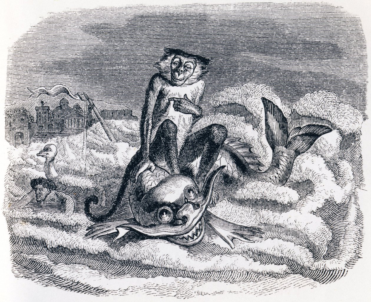 Le singe et le dauphin - Fables de La Fontaine - Grandville