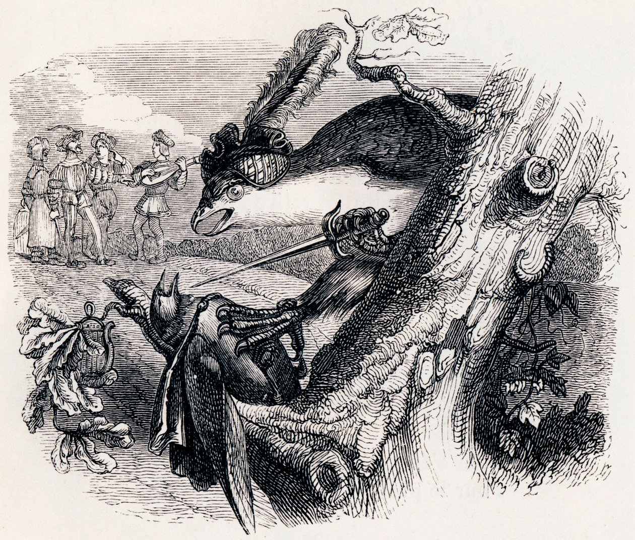 Le milan et le rossignol - Fables de La Fontaine - Grandville