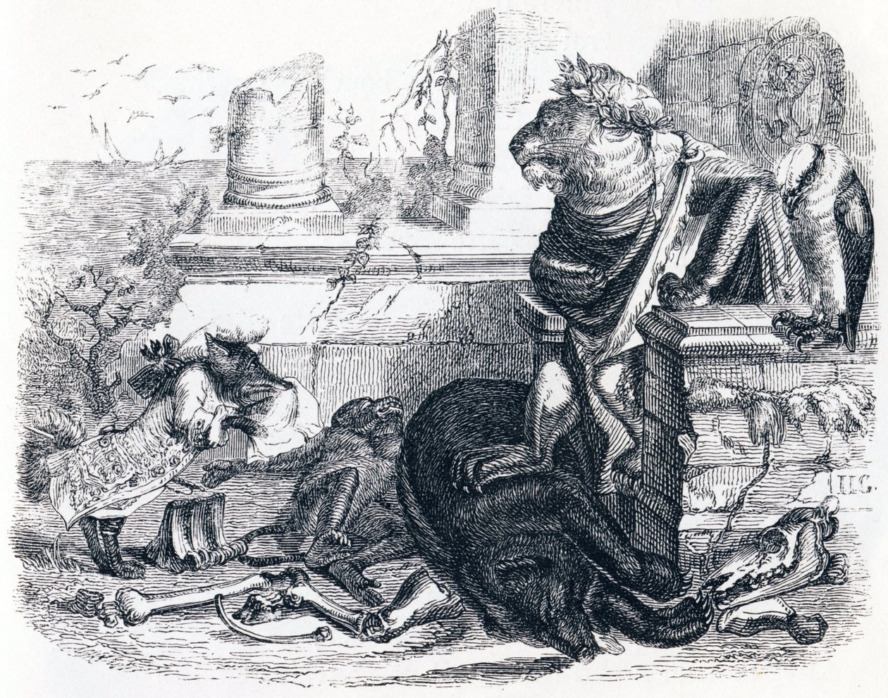 La cour du lion - Fables de La Fontaine - Grandville