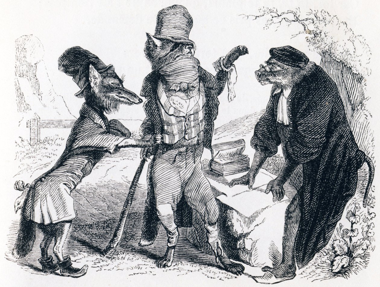 Le loup plaidant contre le renard par devant le singe - Fables de La Fontaine - Grandville